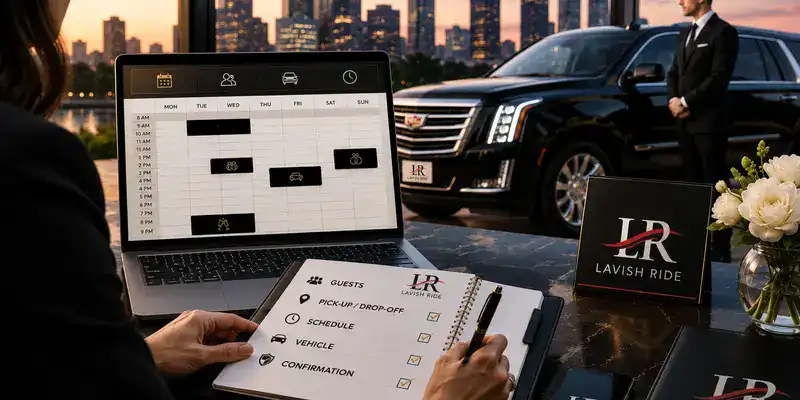 Wedding transportation planner reviewing a luxury itinerary as a chauffeur stands beside a Cadillac SUV with official Lavish Ride branding.